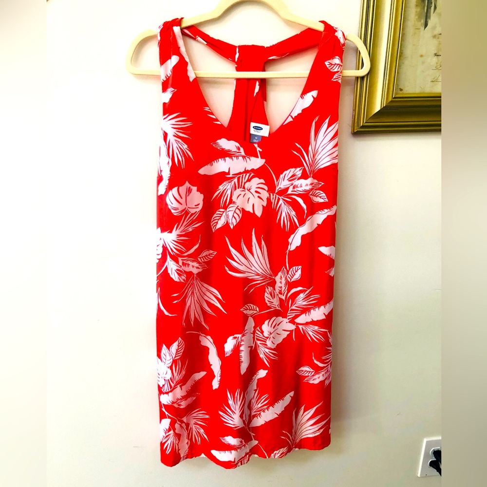Old Navy Womens Lined Halter Dress Twist Back Red/Orange White Tropical Floral